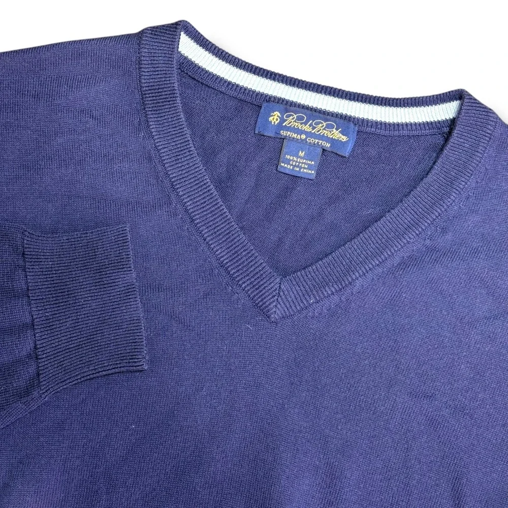 Brooks‎ Brothers Mens V Neck Knit Sweater Navy Blue Supima Cotton Medium Preppy